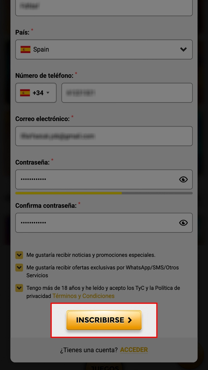 Completare la registrazione del conto WinUnique Casino.