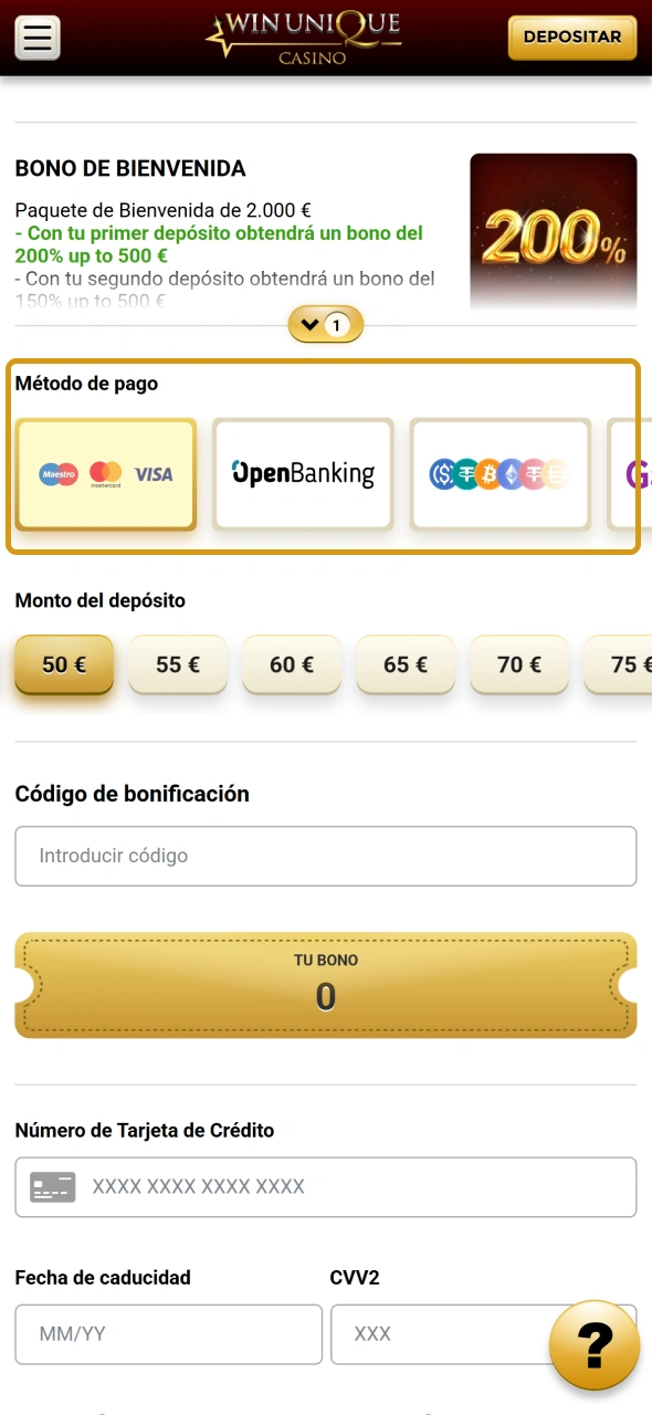 Realiza tu primer depósito para empezar a jugar en tu cuenta de Casino WinUnique.