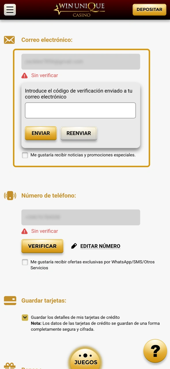 Confirma tu correo electrónico en tu cuenta de Casino WinUnique.