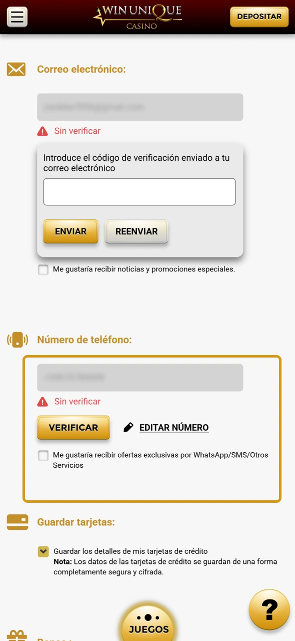 Confirma tu número de teléfono en tu cuenta de Casino WinUnique.