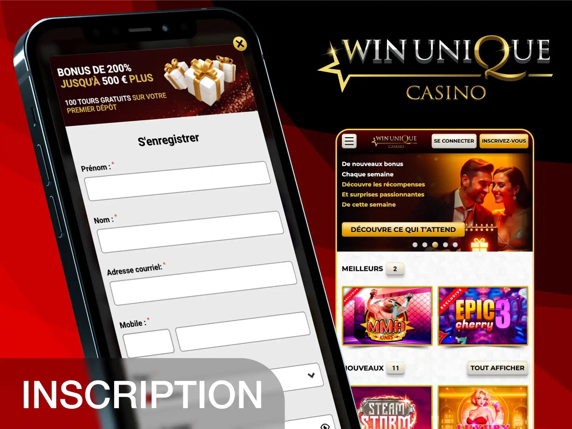 Lancez votre inscription rapide directement depuis l'application mobile Unique Casino.