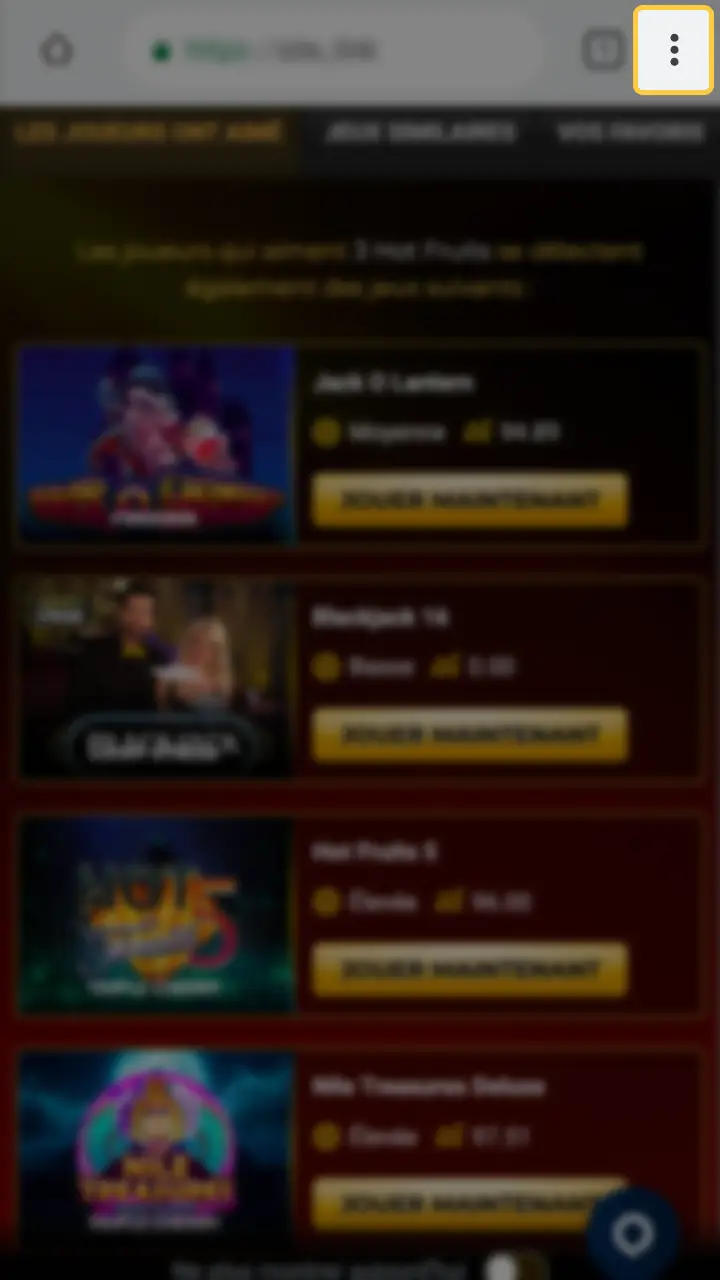 Accédez au menu du navigateur afin d'installer l'application Unique Casino.