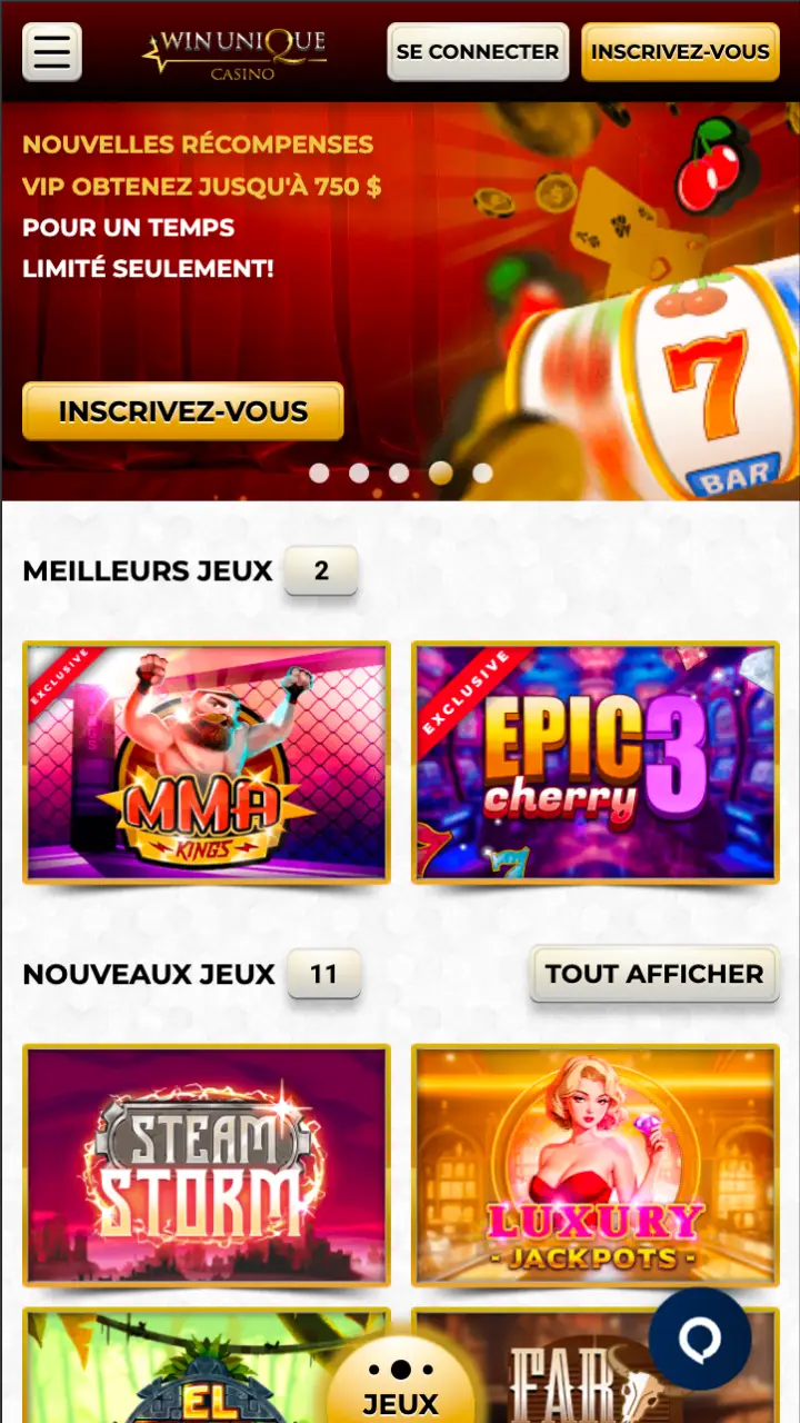 Familiarisez-vous avec la page d'accueil de Unique Casino.