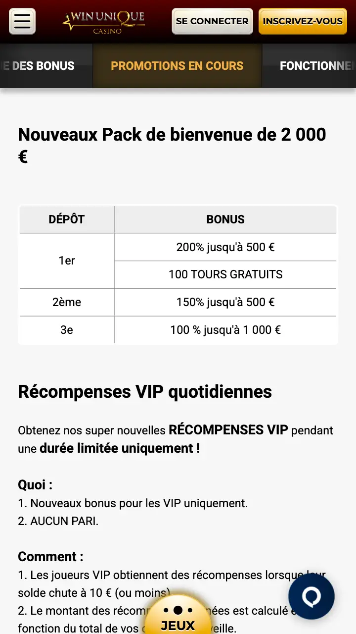 Découvrez tous les bonus disponibles sur Unique Casino.
