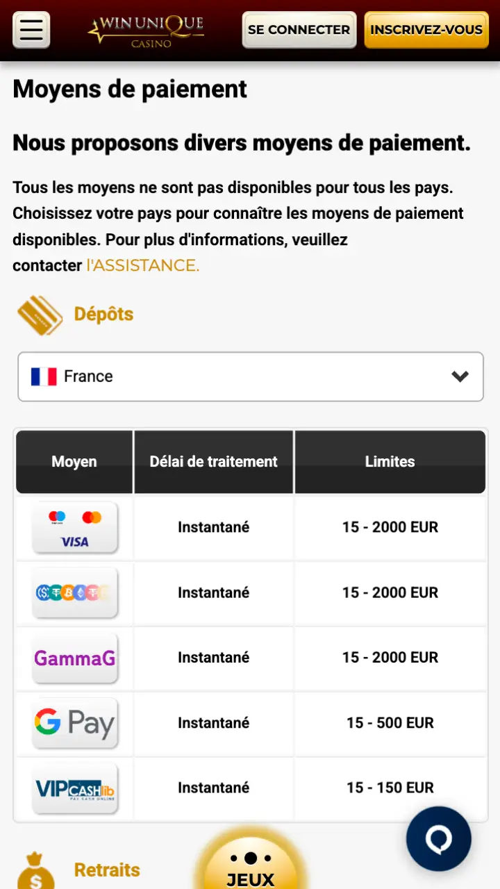 En savoir plus sur les méthodes de paiement chez Unique Casino.