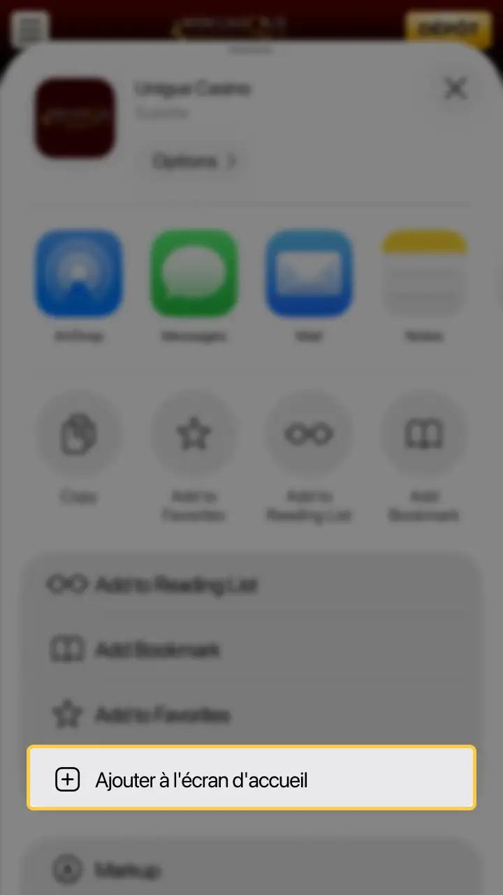 Cliquez sur l'option pour ajouter l'application Unique Casino sur votre écran.