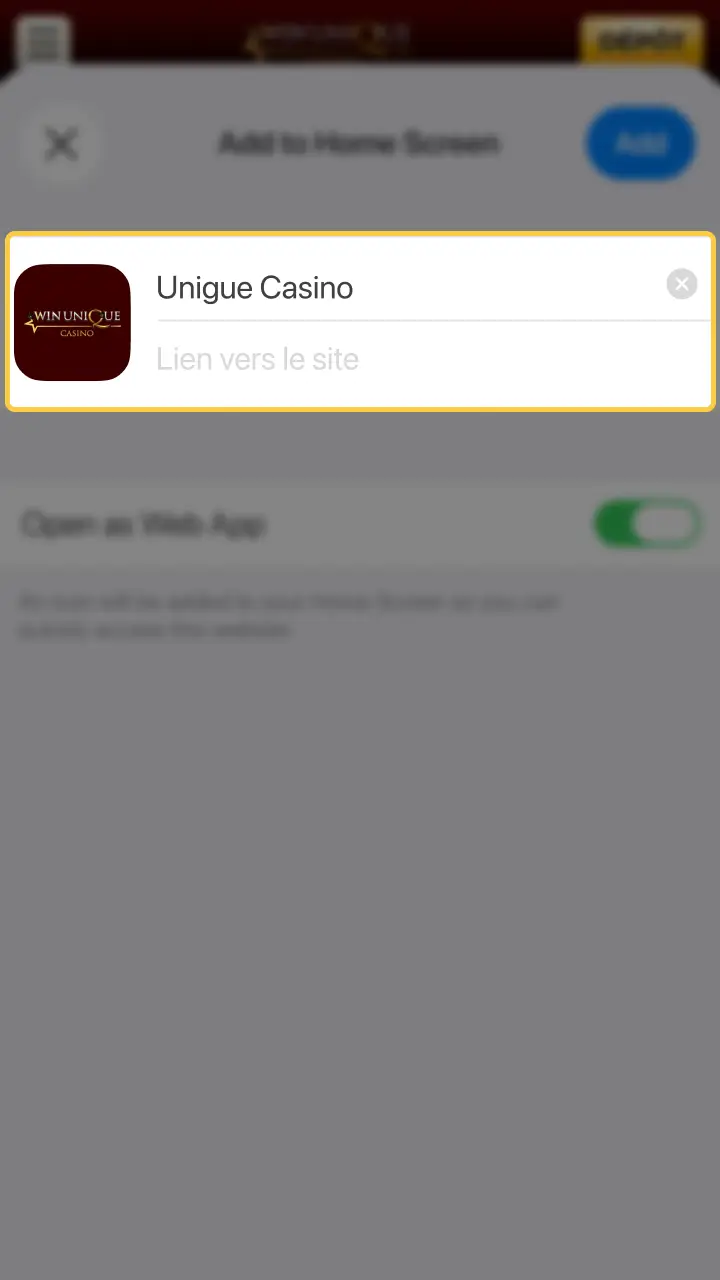 Confirmez l'installation rapide de l'application sur le site Unique Casino.
