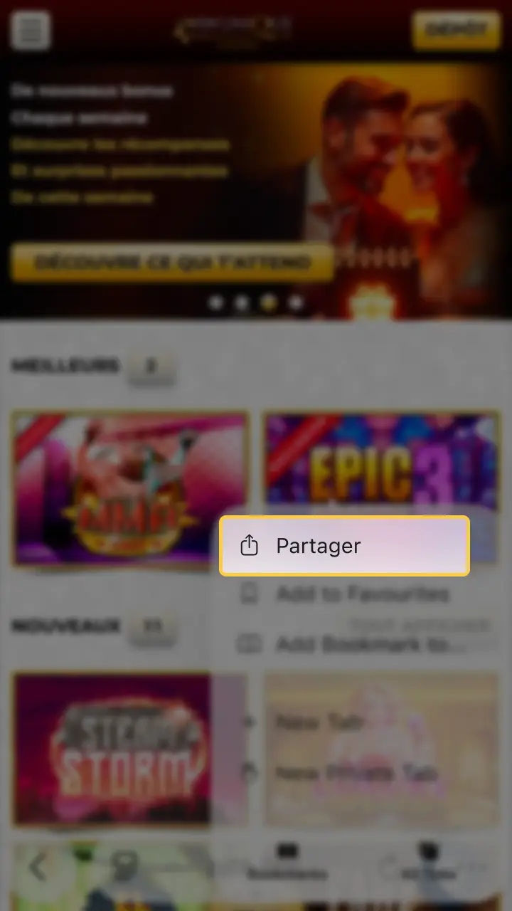 Accédez au menu des options pour installer l'application Unique Casino.