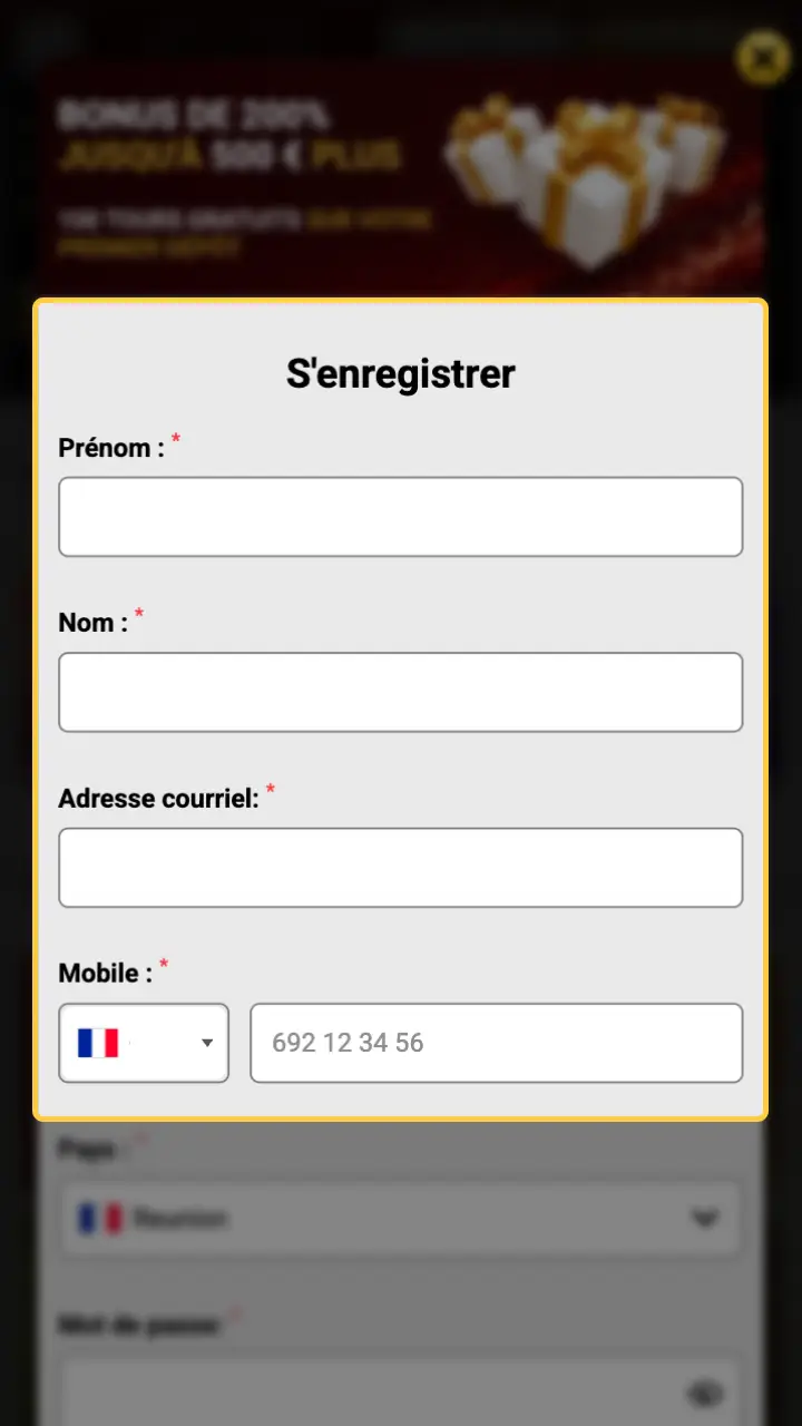Remplissez le formulaire de création de compte pour Unique Casino.