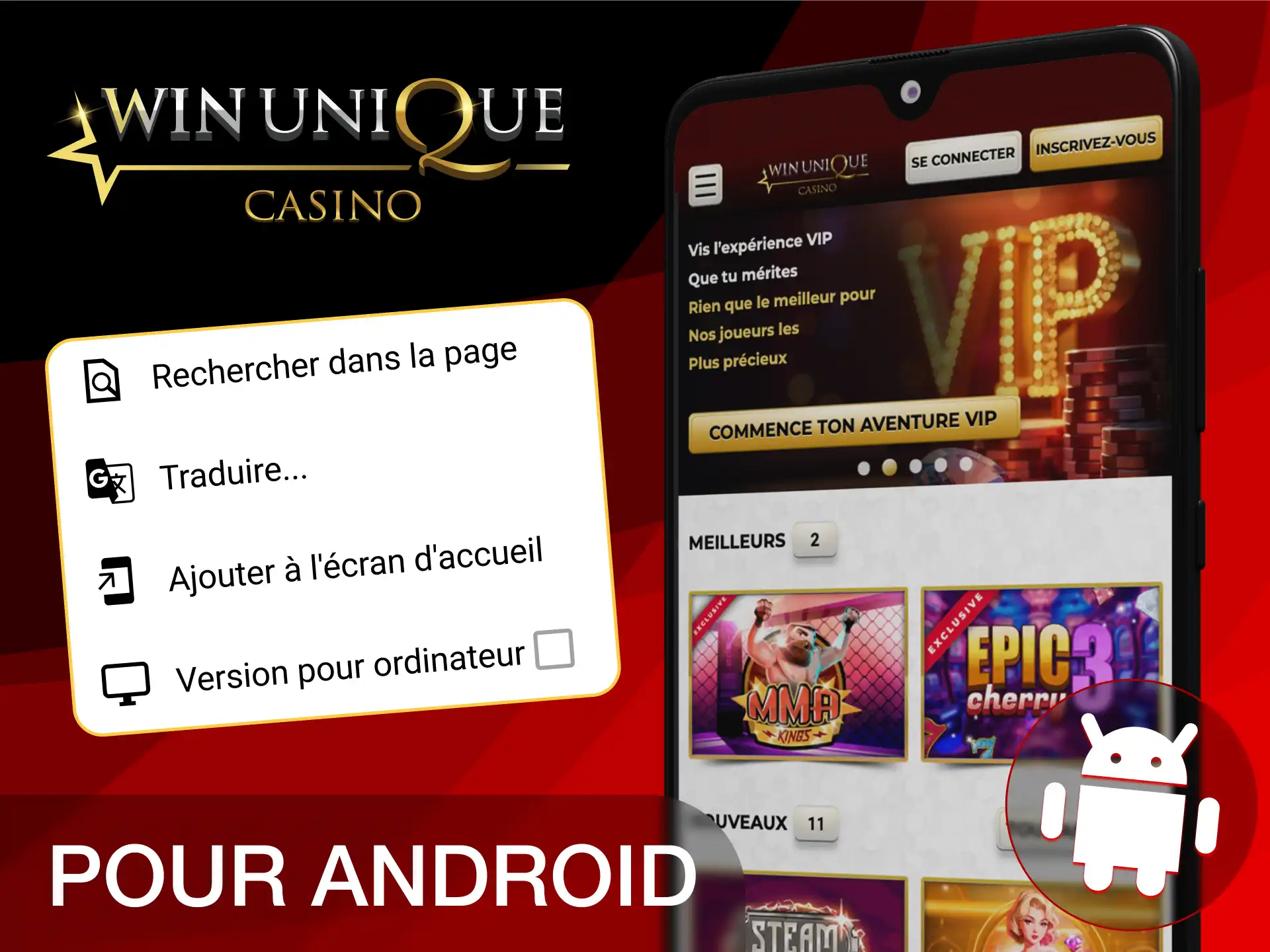 Installez l'application sur votre appareil Android pour tester Unique Casino.