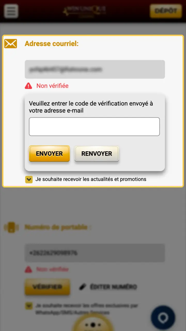 Vérifiez votre adresse e-mail pour activer l'accès à Unique Casino.