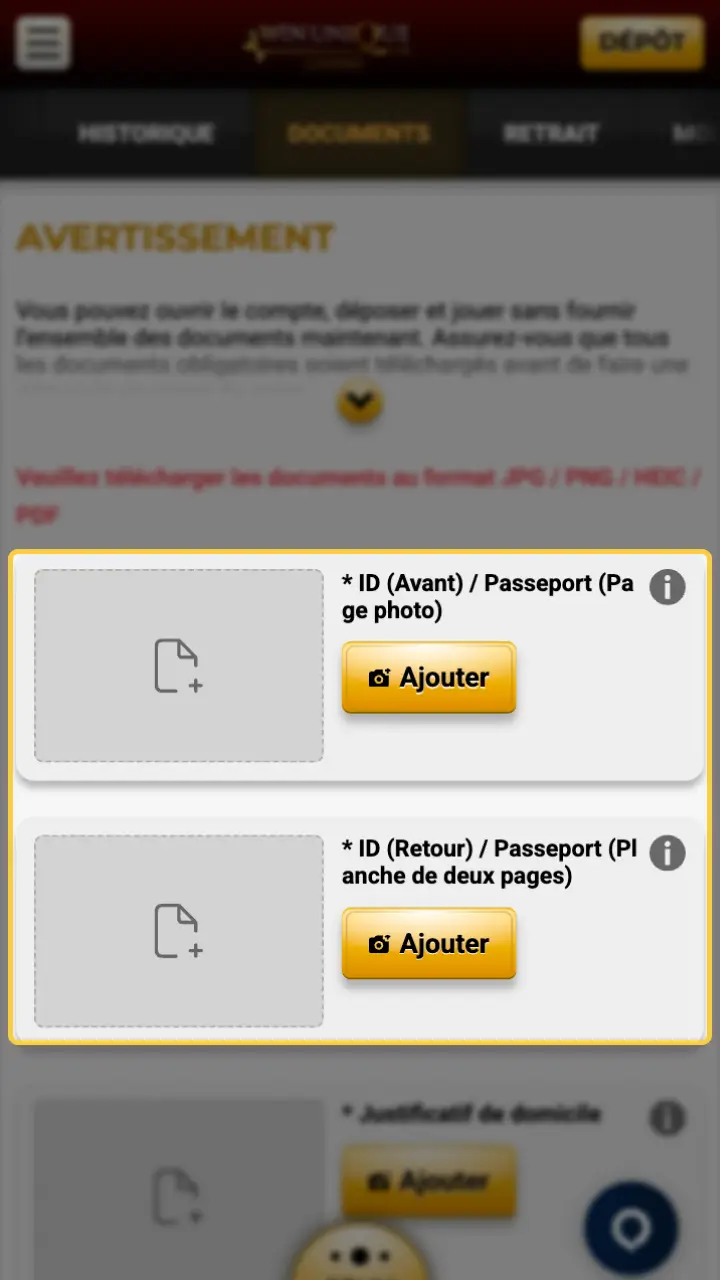 Téléchargez les fichiers demandés pour la vérification chez Unique Casino.