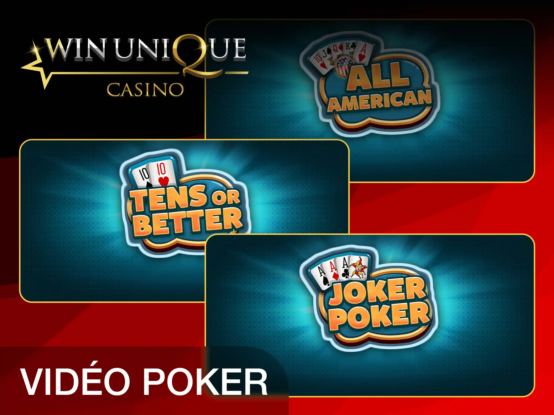 Tentez votre chance au vidéo poker virtuel chez Unique Casino.
